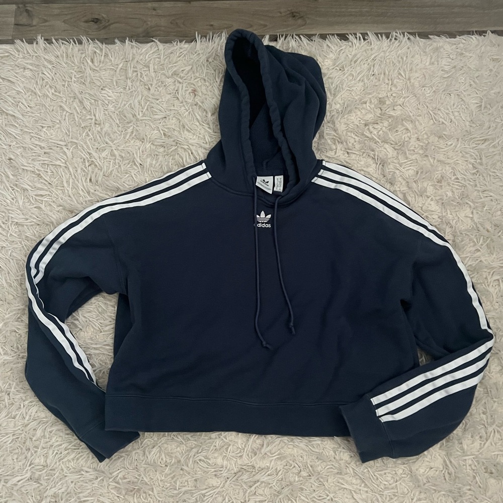 Adidas Blue and White Cropped Sweater with Signature Stripes